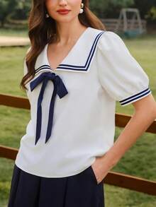 Vintamour 复古经典优雅碎花女式衬衫，春夏修身水手领衬衫，带蝴蝶结，白色短袖大翻领衬衫 - 藍白色 - 查看 8