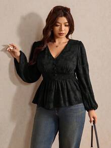 Elaquor Camisa de manga larga con cuello en V minimalista de unicolor, para uso casual diario, talla grande - Negro - Ver 6