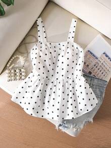 CosyJoli Atasan Camisole Kasual Wanita Ukuran Plus dengan Hiasan Ruffle dan Pita di Bagian Belakang - Hitam dan Putih - View 2