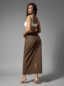 Denimoi Stacked Waist Slouchy Waist Detail Denim Midi Skirt Streetwear Statement Denim Skirt - Brown - View 5