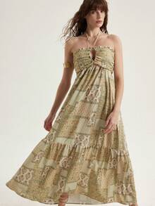 Aveloria Modichic Vestido largo con cuello de corbata y escote en V con estampado colorido, con un estilo romántico distintivo, diseño dividido para un movimiento elegante, adecuado para el verano y las vacaciones - Multicolor - Ver 4