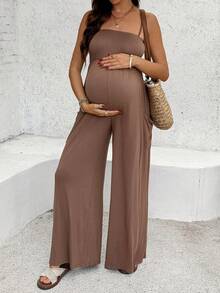 SHEIN Summer Outfits Coffee Brown Halter-Neck Ham Jumpsuit For Pregnant Women, Made Of High-Elastic Knit Fabric.  Maternity Solid Color Pleated Casual Jumpsuit, Suitable For Daily, Vacation, Travel - Brown - View 7