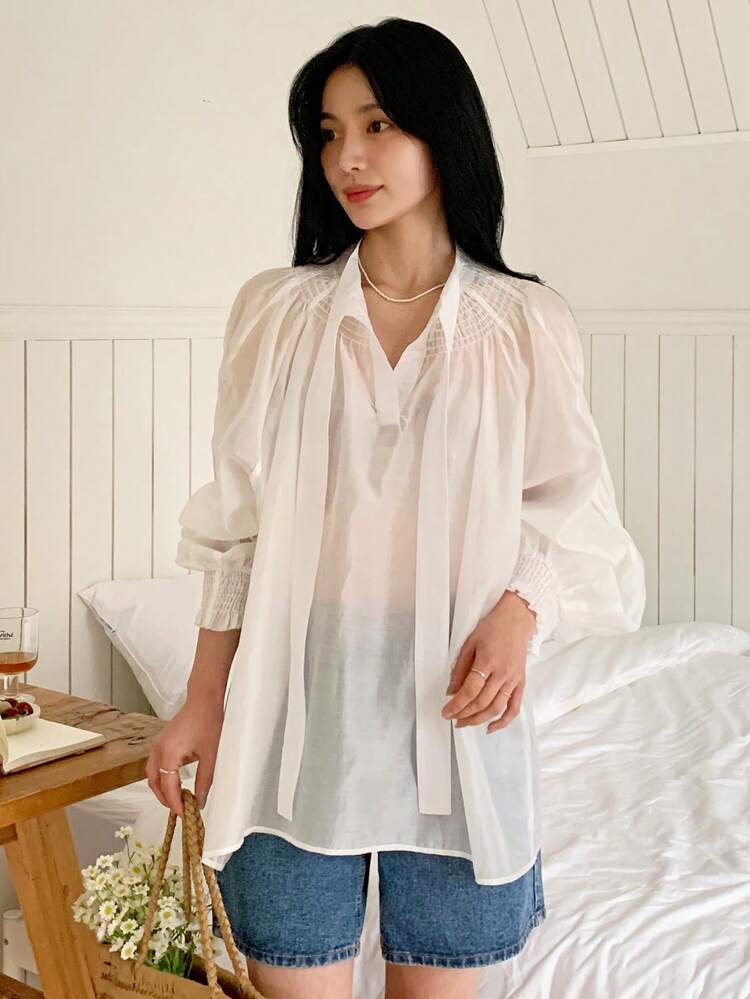 Women's V-Neck Semi-Sheer Loose Tie-Front White Vacation Blouse Summer