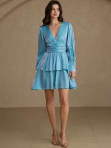 Chiquease Vestido mini de manga larga con escote en V en azul brillante, de apariencia vintage y lujosa, con diseño de volantes y capas, cintura ceñida que resalta las curvas, adecuado para fiestas y reuniones - Multicolor - Ver 5