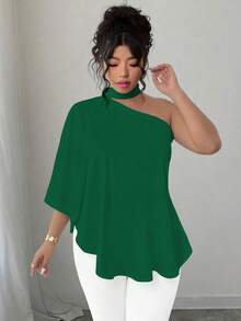 SHEIN Elenzya Kemeja Ukuran Besar dengan Kerah Miring dan Model Halter Motif Tie Dye - Hijau - View 3