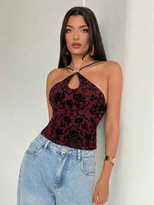 Aloruh 女士性感交叉绑带金属扣装饰黑色植绒印花上衣 - 酒紅色 - 查看 3