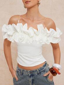 Lumalex 春夏女士露肩荷叶边下摆收腰露背蕾丝上衣，适合春假、夏季假期、情人节、嘉年华、海滩婚礼、宾客、晚宴、伴娘、婚礼及活动、外出、优雅度假、奢华晚宴、老钱假日派对、锐舞节、郊游、度假、户外、层次丰富的婚礼季、宴会派对、生日派对等场合。 - 白色 - 查看 14