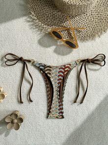 Swim Vcay Spring/Summer Knit Jacquard Side Drawstring Women Beach Vacation Travel Swimming Bottoms - Multicolor - View 2