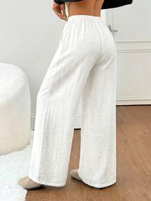 SHEIN PETITE Women's Black Solid Color Linen Low-Waist Straight-Leg Casual Pants, Suitable For Short Stature, Summer & Autumn - White - View 2