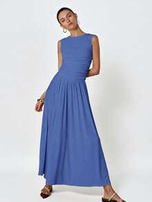 Aveloria Modichic White Minimalist Sophisticated Pleated Crew Neck Sleeveless Dress - Blue - View 3