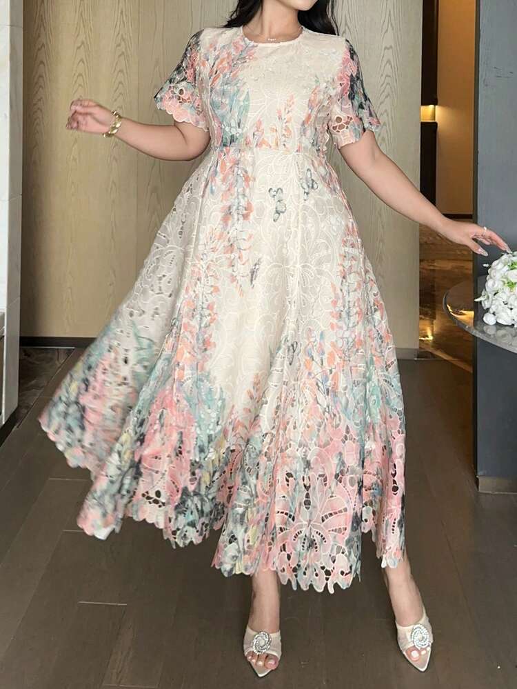 Dazy Plus Ombre Lace Embroidered Round Neck Waist Cinched Elegant Party Dress, Plus Size Women, Spring/Summer Floral Dresses For Women