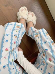 Dazy Plus Cartoon Floral Print Elastic Waist Loose Straight Leg Pajama Bottoms - Blue - View 9