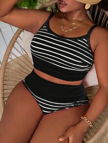 Slaydiva Bộ đồ bơi đi biển cỡ lớn 2 món, áo tankini vải kẻ sọc có dây đeo điều chỉnh được. - màu đen - Xem 3