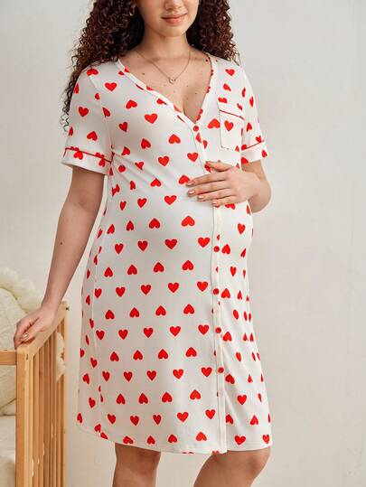 Comfortable, Casual, Homewear, Soft, Heart Decor, Front Open Maternity Nightgown