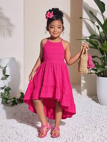 Young Girls Backless Long Waist Cinched Dress, Casual, Fashionable, Versatile, Suitable For Party, Outing, Photo Shoot With Friends, Park, Camping, Vacation, Daily Casual Wear - Pink - View 2
