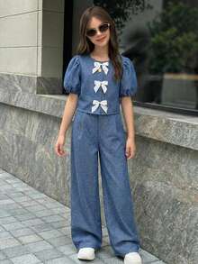 Firerie Kids 少女休闲优雅通勤圆领蓝色泡泡袖前襟白色蝴蝶结上衣和直筒裤套装 - 藍色 - 查看 4