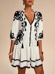 Breezaya 女士夏季法式休闲度假简约V领系带流苏装饰七分袖短款休闲印花连衣裙 女士度假装 黑白连衣裙 女士度假连衣裙 女士休闲连衣裙 - 黑與白 - 查看 4