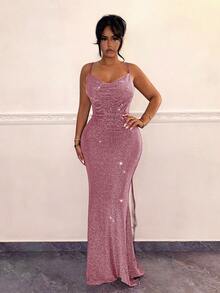 SHEIN SXY 女士纯色深V领露背修身鱼尾吊带派对连衣裙 - 粉色 - 查看 5