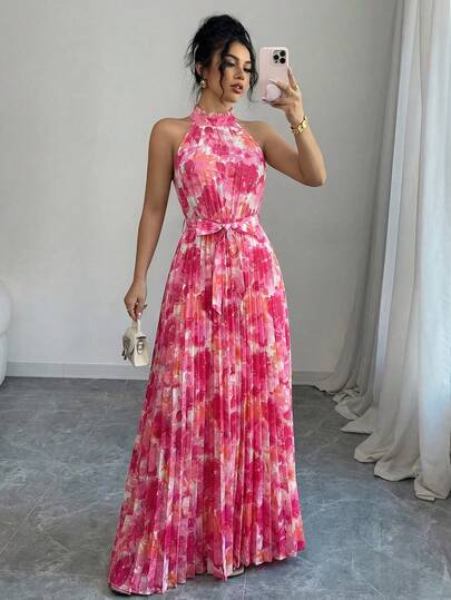 Elenzga Floral Print Ruffle Collar Pleated Waist A-Line Elegant Romantic Women's Dress, Suitable For Dates, Spring/Summer