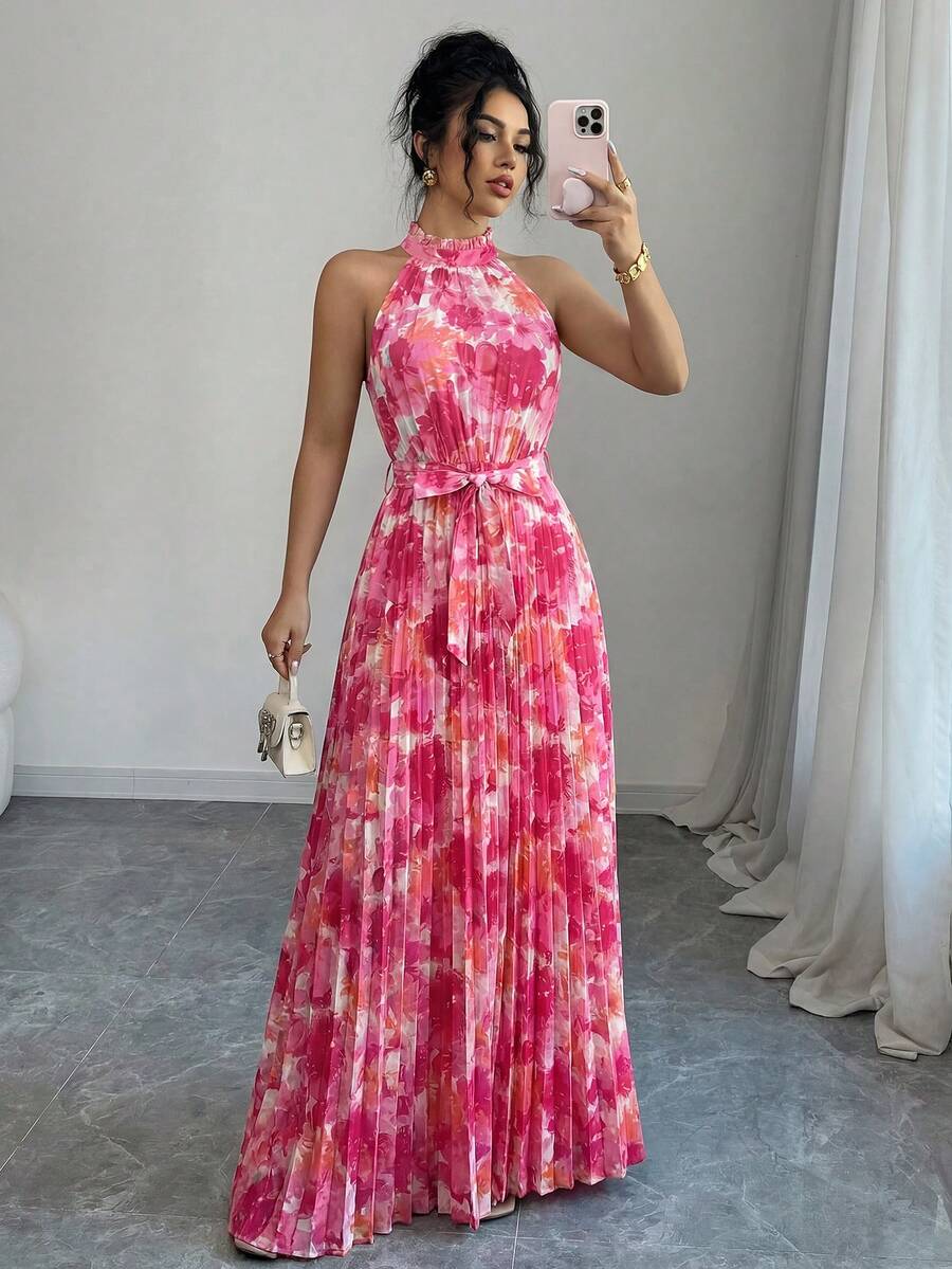 Elenzga Đầm nữ dáng chữ A thanh lịch, lãng mạn, cổ bèo nhún, eo xếp ly, họa tiết hoa, thích hợp cho hẹn hò, mùa xuân/hè. - Nhiều màu - Xem 1