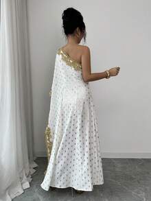 GlowEve 女士金箔花卉饰边不对称袖长款连衣裙 - 彩色 - 查看 2