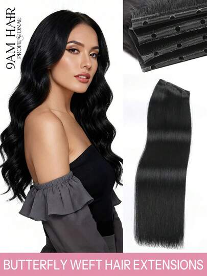 蝴蝶结发片，真人发，无胶OVO PU孔，手工编织，隐形DIY双层发片，直发，1片装，16英寸，自然黑