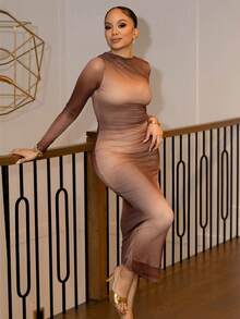 Melissa Matos 女士圆领长袖扎染印花紧身长裙，秋冬 - 彩色 - 查看 5