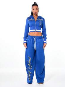 BABYPHAT Wide Leg Joggers With Side Panel Stripe Detail And Logo Script Print Drawstring Waistband Elastic Ankle Comfort Sweatpants - Blue - View 3