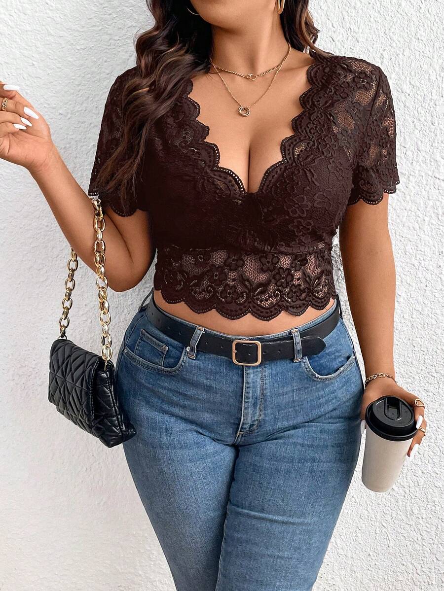Firerie Plus Size Lace Hem Short Sleeve Summer Corset Black Top Cropped Top - Brown - View 1