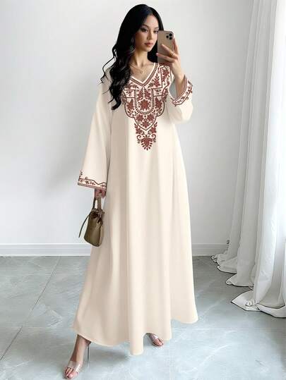 SHEIN Najma Women's Retro Floral Digital Print V-Neck Long Sleeve Elegant Arabic Dress, Suitable For Spring And Autumn