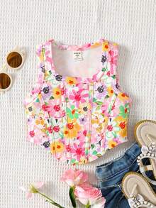 SHEIN Young Girl Ditsy Floral Round Neck Asymmetrical Hem Fitted Casual Tank Top - Pink - View 1