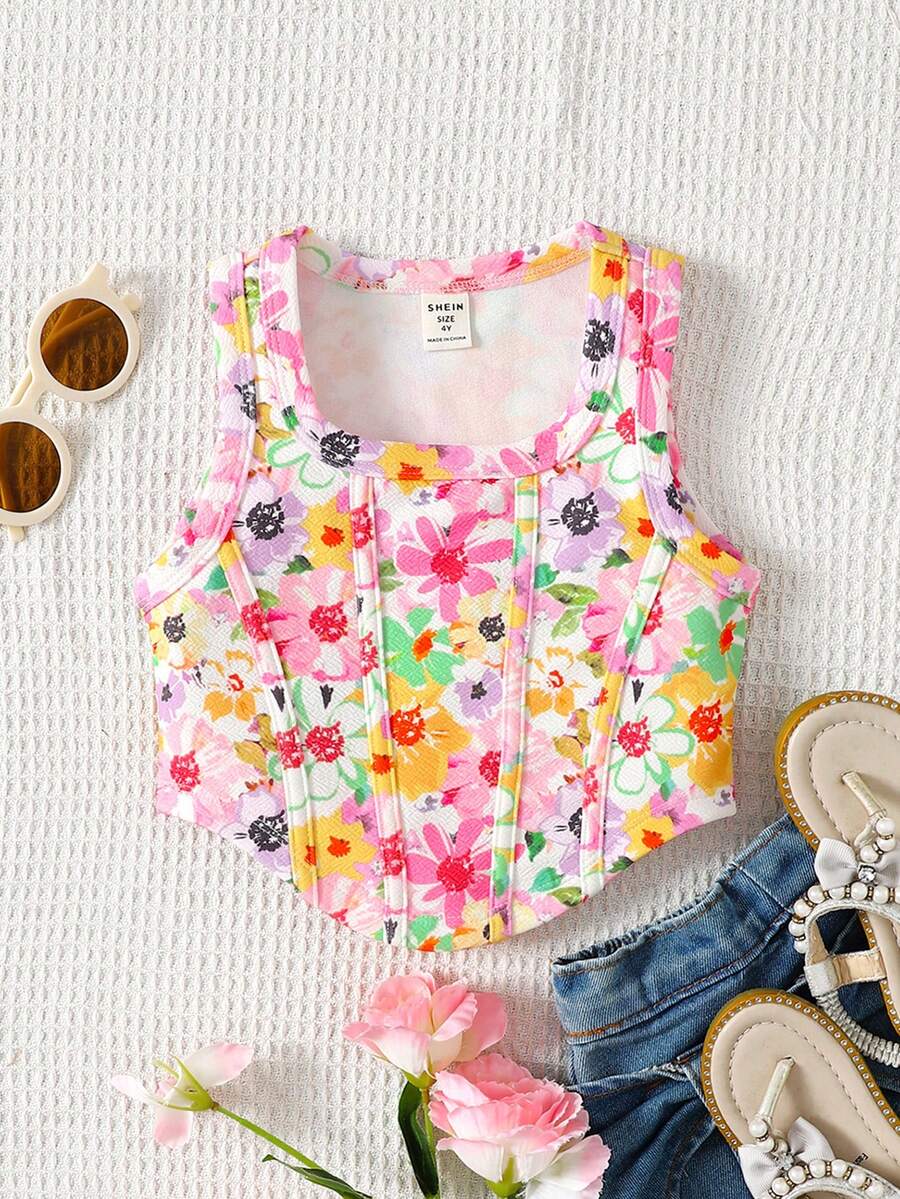 SHEIN Young Girl Ditsy Floral Round Neck Asymmetrical Hem Fitted Casual Tank Top - Pink - View 1