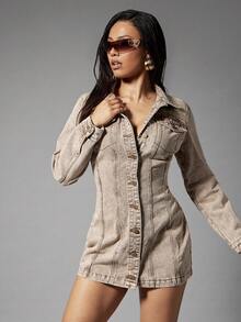 Denimoi Women's Collared Button Pocket Casual Everyday Date Denim Dress - Rust Brown - View 3