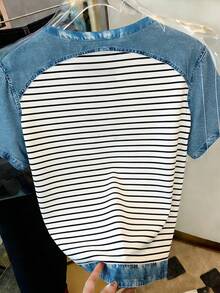 Camiseta de mujer de manga corta con cuello redondo, estampado de bandera americana y letras en bloques de color - Multicolor 7 - Ver 2