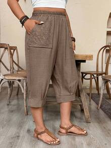 Weeklong Plus Size Casual Vacation Lace Pocket Decor Capri Pants, Comfortable & Slimming Baggy - Mocha Brown - View 5