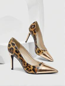 CUCCOO SZL Zapatos de tacón alto con puntera puntiaguda, estampado de leopardo y combinación de cuero patentado para mujer. Zapatos de primavera para vacaciones de primavera, Pascua y baile de graduación - Oro rosa - Ver 5