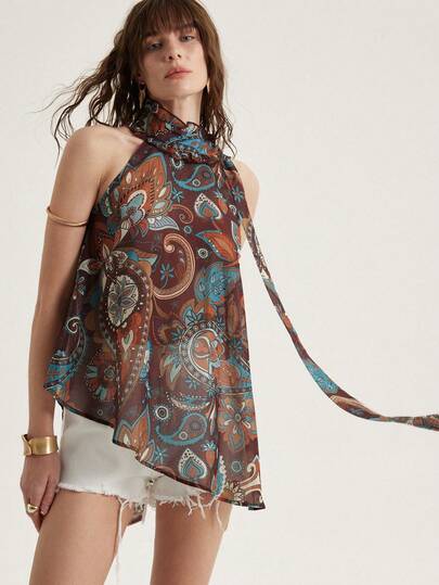 Aveloria Modichic 女士夏季波西米亚佩斯利游牧复古法式随机印花不对称下摆系领衬衫