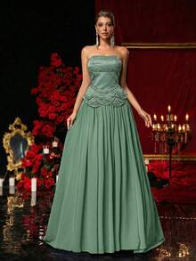 Glamrae Đầm cúp ngực bằng satin sang trọng, thanh lịch với điểm nhấn là đá quý lấp lánh, chân váy chữ A bằng chiffon xếp ly (kèm khăn choàng tay dài có thể tháo rời), thắt eo điều chỉnh được, thích hợp cho các buổi hẹn hò, đám cưới, sự kiện trang trọng, dạ hội. - màu xanh lá - Xem 6