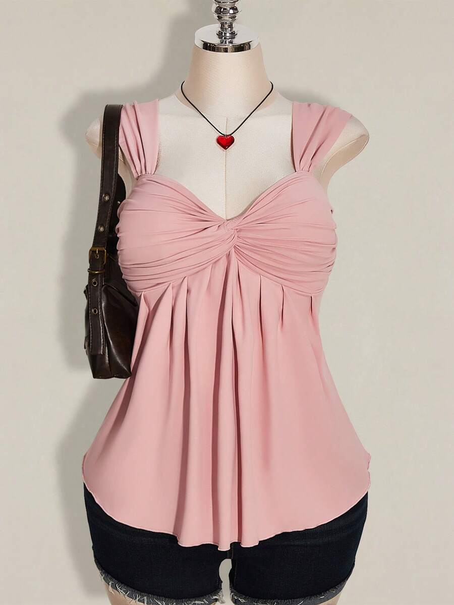 SHEIN ICON Plus Size Women's Black Twist Front Sleeveless Babydoll Knit Top, Y2K Style, Suitable For Graduation, Back To School, Summer, Going Out Tops - Pink - View 1