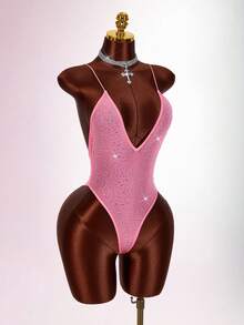 Amplova Rhinestone Glitter Backless Sheer Sexy Bodysuit For Party - Pink - View 9