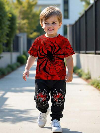 SHEIN Young Boy Casual Loose Comfortable Sports Style Round Neck Short Sleeve Top And Pants 2 Pieces Set, Autumn