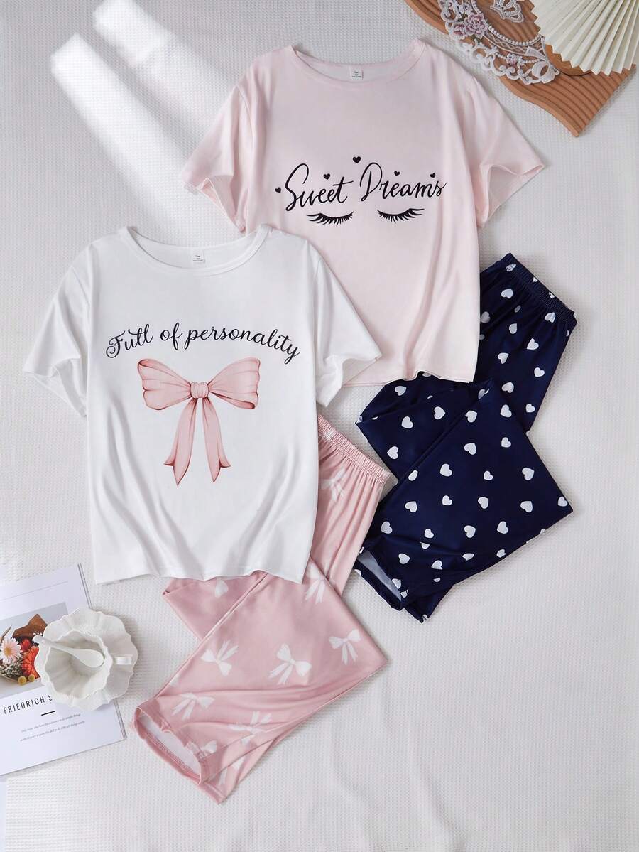 4pcs Girls/Teens Minimalist Fashion Heart, Eyelash, Moon, Letter Print Brown Plaid Pants And Short Sleeve Pajama Set Girl Summer Pajama Girls Night Wear Bow Pajamas Girl Sleep Wear - Multicolor - View 1