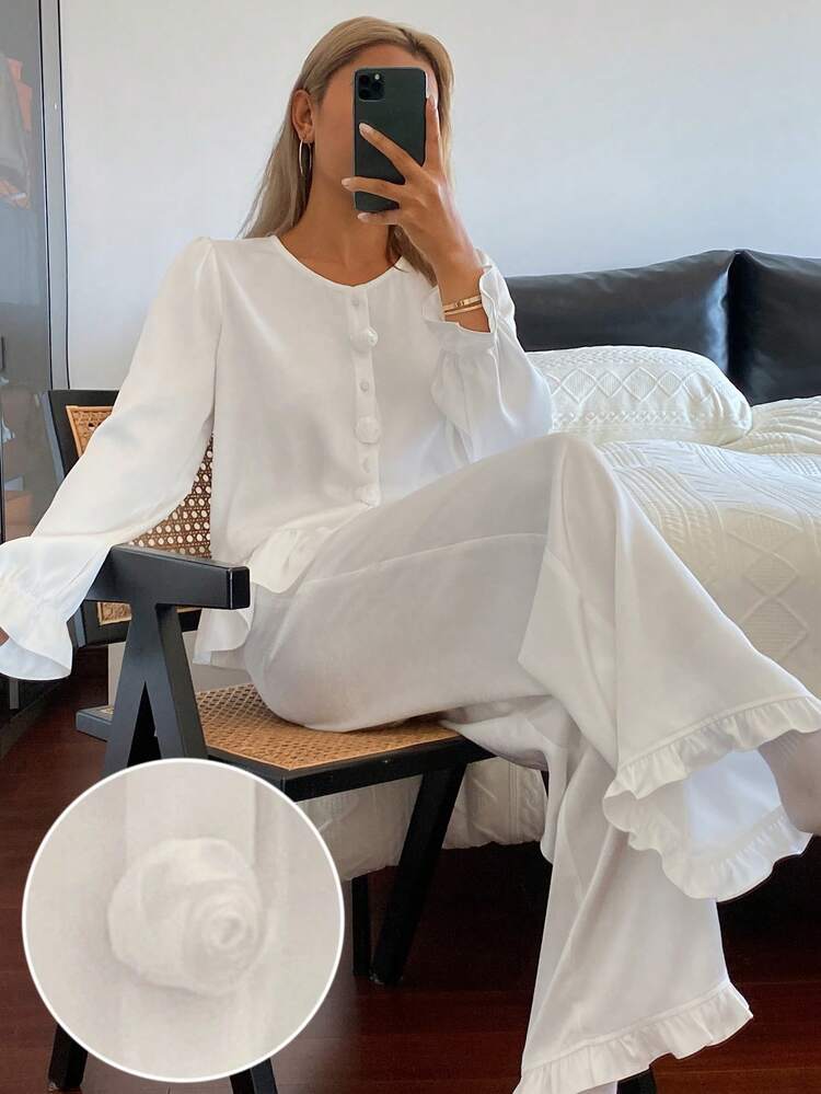 Satin Floral Decor Ruffle Hem Women Pajama Set