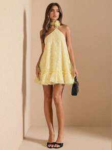 SHEIN BAE Đầm maxi màu vàng có họa tiết, thiết kế bất đối xứng, vai lệch và lưng hở, thích hợp cho nữ, mùa xuân/hè. - Màu vàng - Xem 5