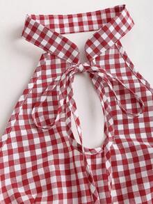 Sweetra Women's Plaid Print Halter Twist Fitted Elegant Tank Top, Spring/Summer - Red and White - View 7