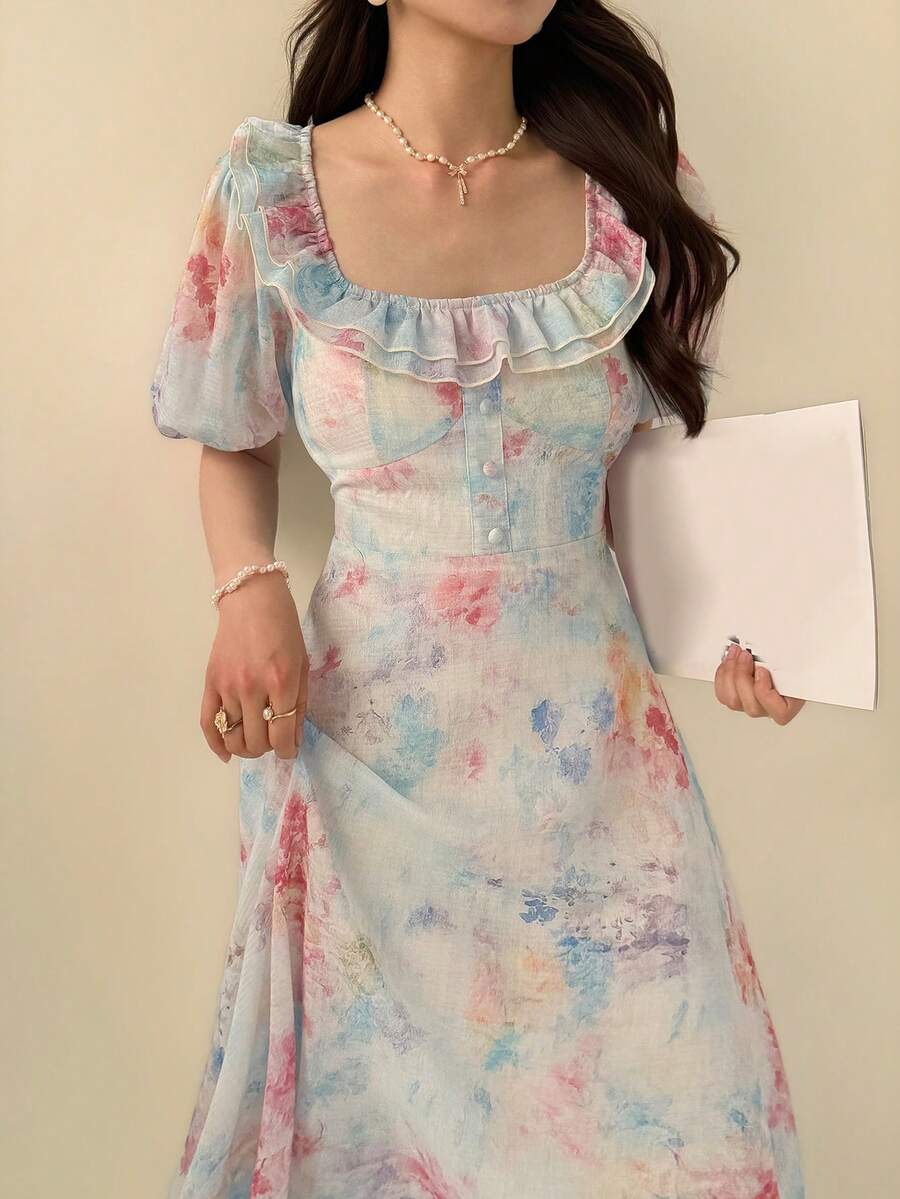 DAZY 女士碎花拼接荷叶边短泡泡袖优雅中长连衣裙波西米亚风度假装 - 彩色 - 查看 1