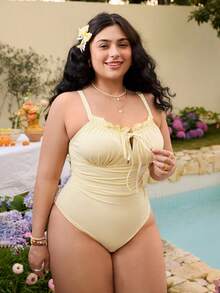 Swim Mod 大码时尚女士优雅甜美性感抹胸连体泳衣 - 黃色 - 查看 5