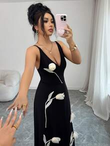 Rafferiza Vestido de tirantes largo con decoración floral elegante para mujer - Negro - Ver 5