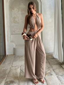 Aloruh Combinaison kaki unie pour femmes, combinaison décontractée élégante et romantique pour les vacances avec décoration de boucle métallique, design dos nu sexy, combinaison à jambes larges, tenues d'été pour femmes - Nude - Voir 8