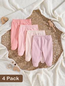 SHEIN 4pcs/Pack Newborn Baby Girls Footie Leggings,Soft Stretchy Ribbed Knit Fabric Solid Color Comfortable Fit Pants,Versatile Daily Wear,0-3 Months - Multicolor - View 7